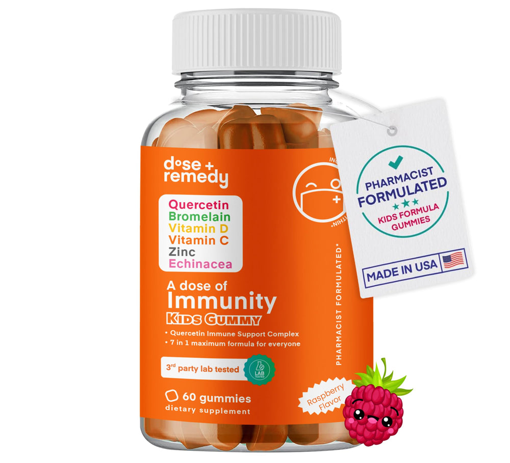 Dose + Remedy Immunity Kids bottle showing chewable gummies for everyday use.