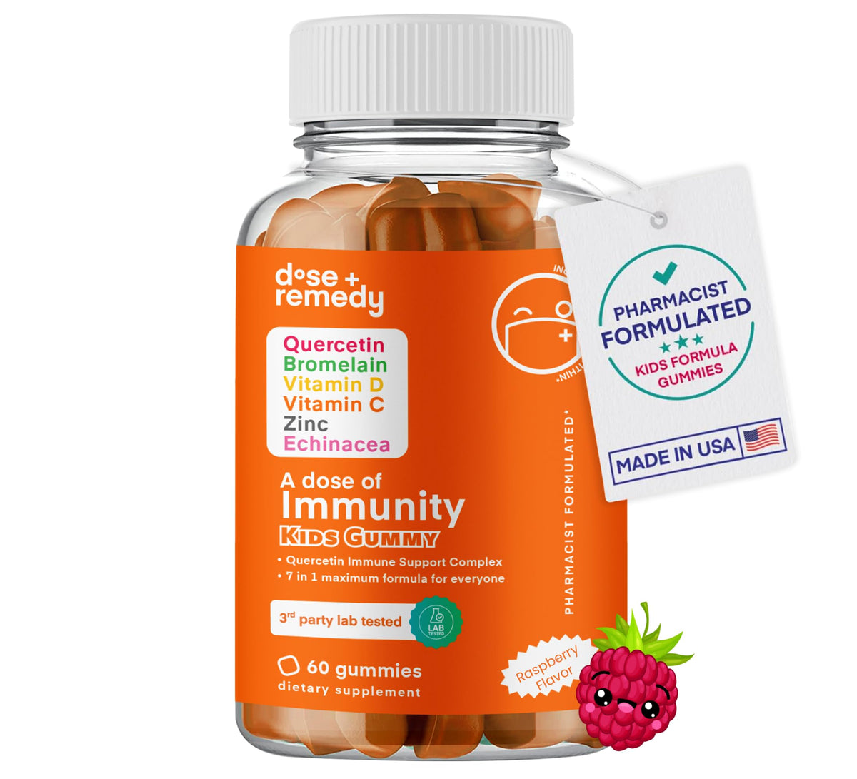 Dose + Remedy Immunity Kids bottle showing chewable gummies for everyday use.