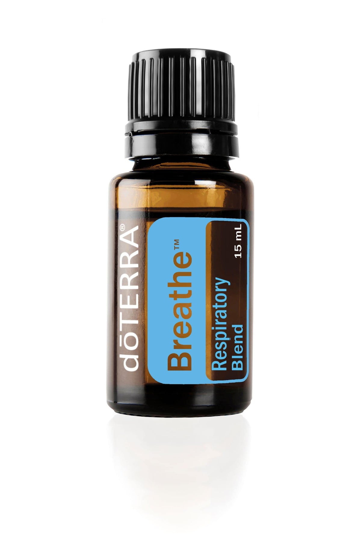 doTERRA Breathe bottle label shows ingredients for a refreshing aroma.