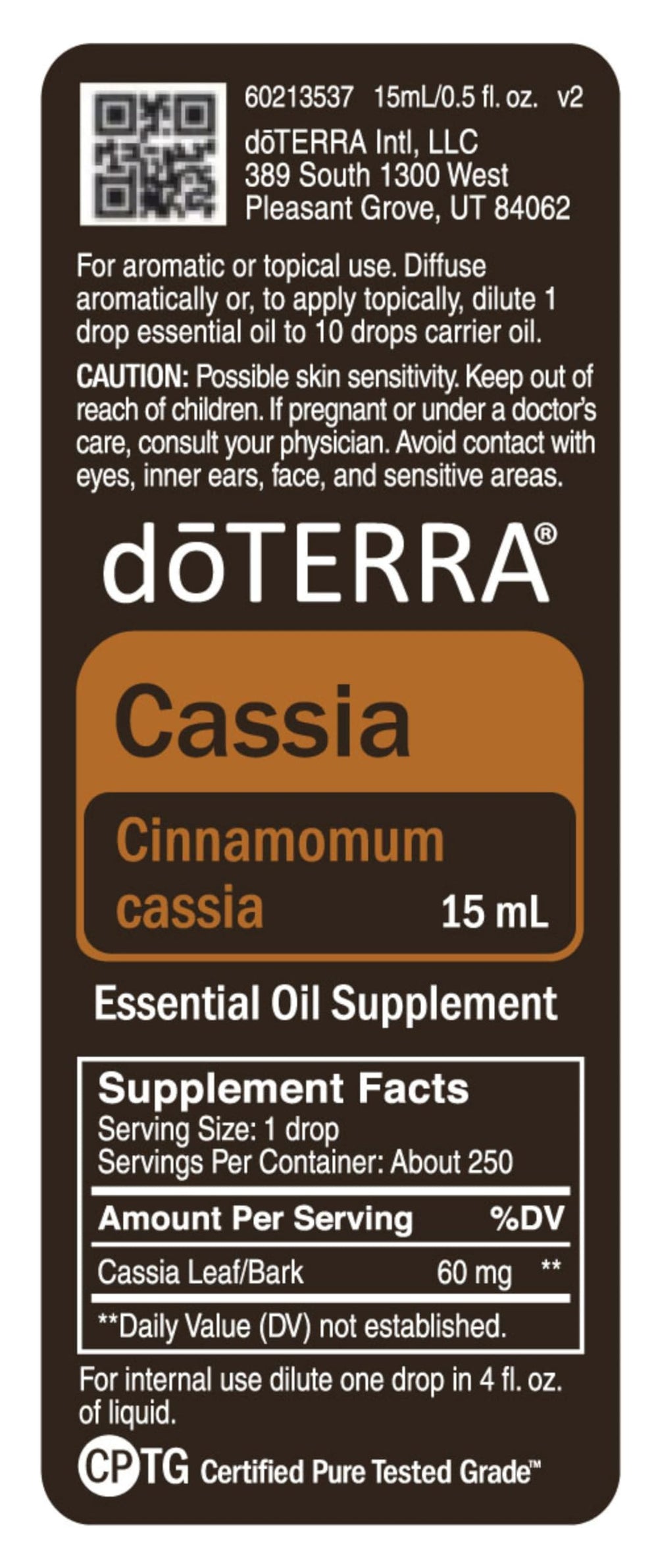 doTERRA Cassia label front highlighting premium essential oil