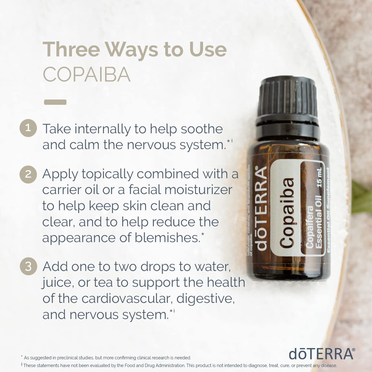 doTERRA Copaiba dropper dispensing calming oil for daily routines.