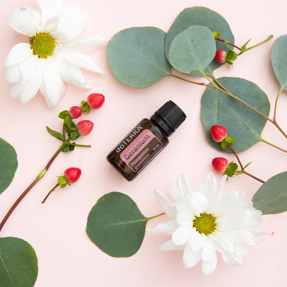 doTERRA Geranium essential oil label close-up signaling purity.