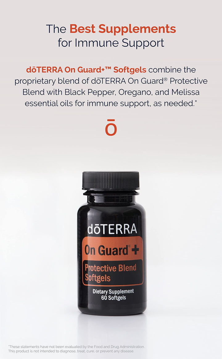 doTERRA On Guard softgels close-up of label highlighting antioxidant defense and respiratory support.
