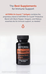 doTERRA On Guard softgels close-up of label highlighting antioxidant defense and respiratory support.