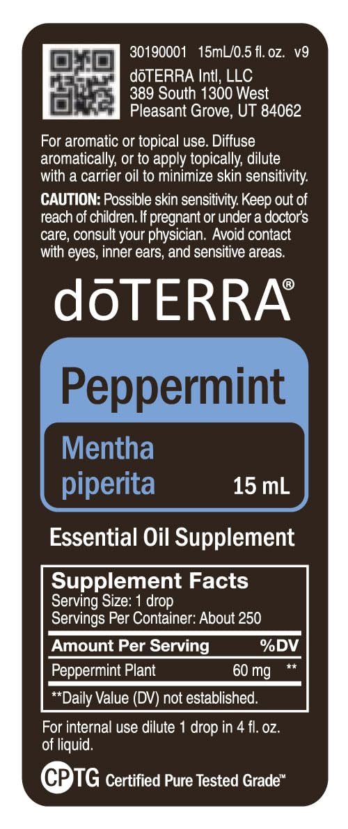 doTERRA Peppermint packaging box highlighting premium quality and 15ml size.