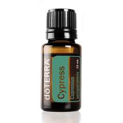 doTERRA Cypress essential oil bottle for diffusion and topical use to boost energy and focus.