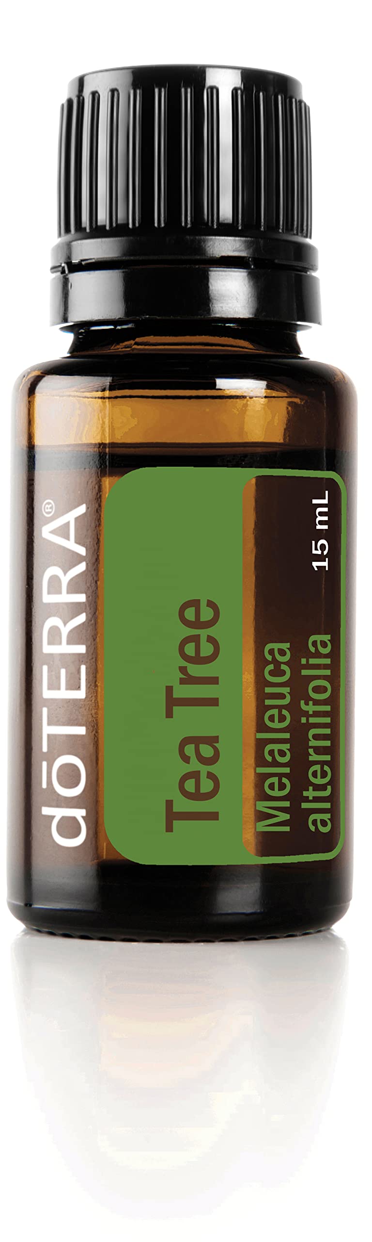 doTERRA Melaleuca Tea Tree oil bottle shows purifying benefits for skin and surfaces.