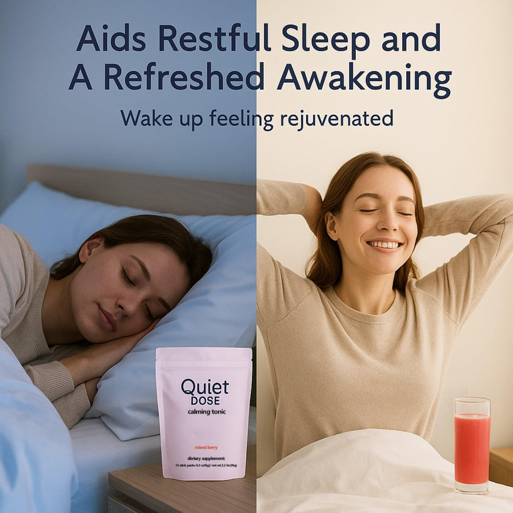 Quiet Dose on nightstand ready to support restful sleep.