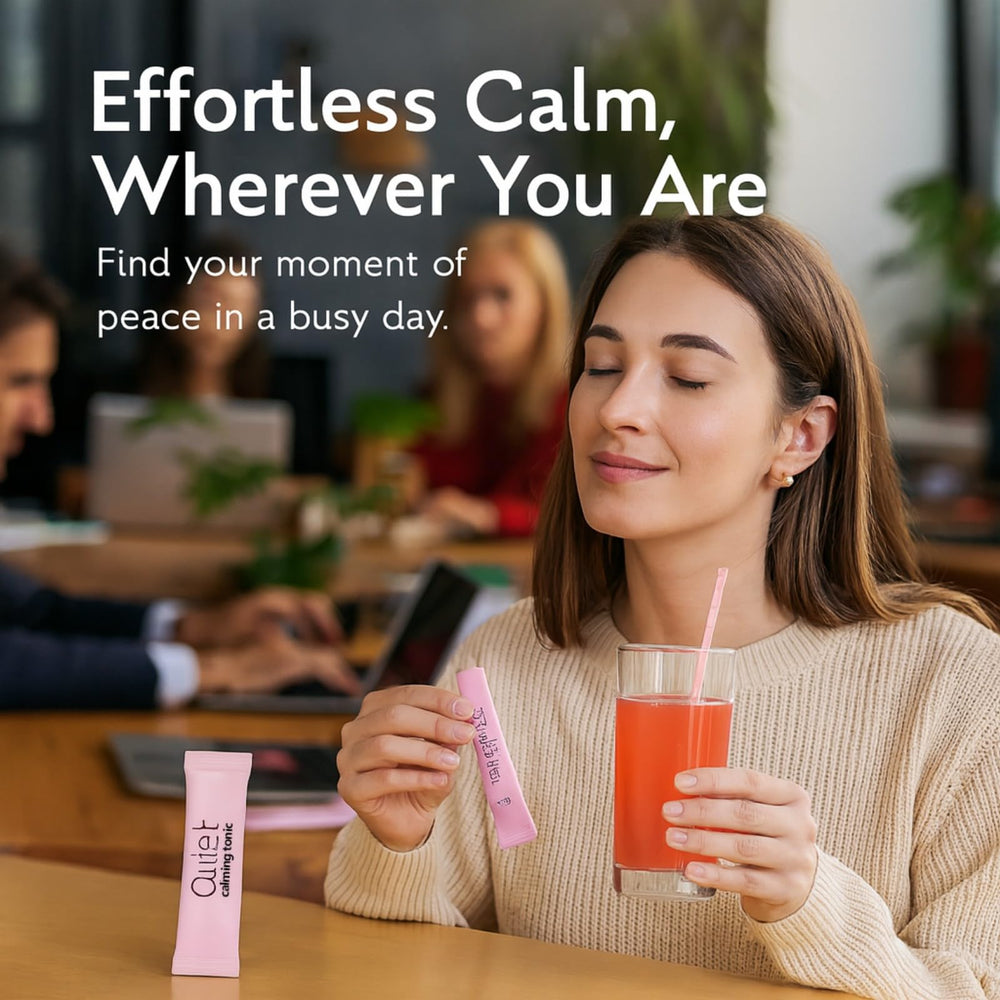 Sticks shown with travel mug for on-the-go calm during commutes.