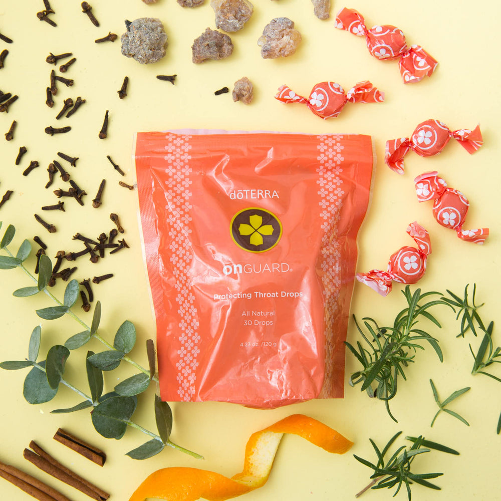 doTERRA On Guard throat drops label shows natural base and no artificial colors.