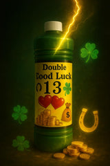 Double Good Luck Spiritual Water bottle with label, ideal for rituals and cleansing.