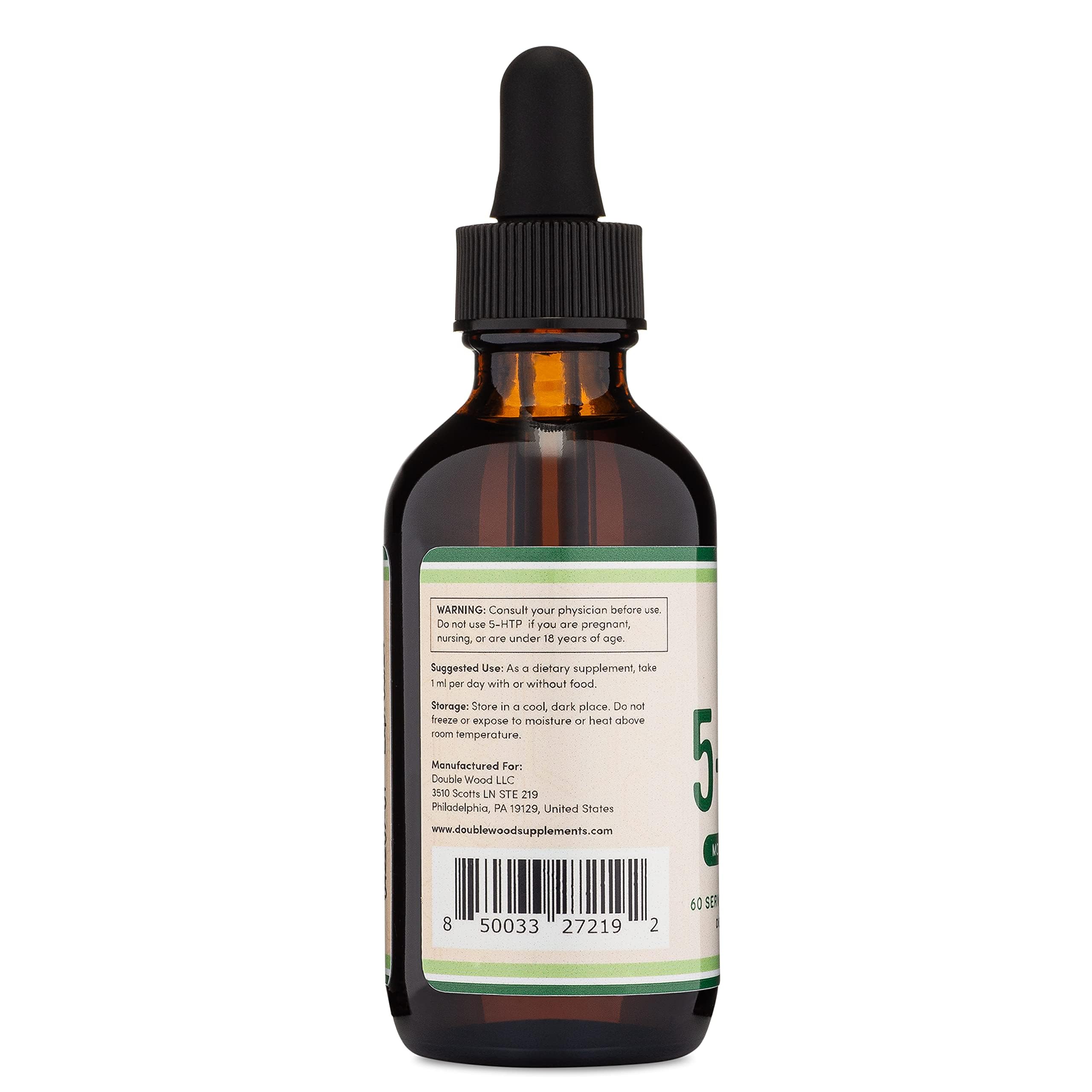 Double Wood 5HTP Drops bottle with glass of water for convenient nightly routine