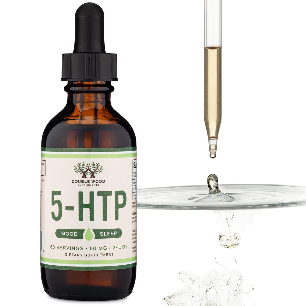 Double Wood 5HTP Drops nutrition panel close-up emphasizes high absorption potential
