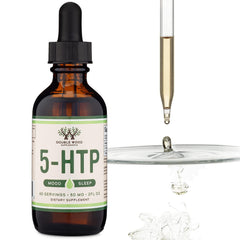 Double Wood 5HTP Drops nutrition panel close-up emphasizes high absorption potential