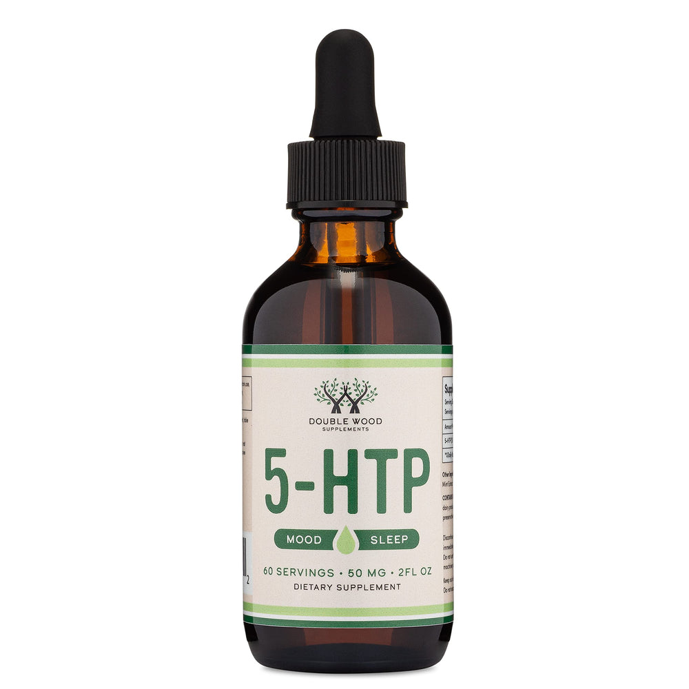 Double Wood 5HTP Drops night use setup suggesting relaxation and rest