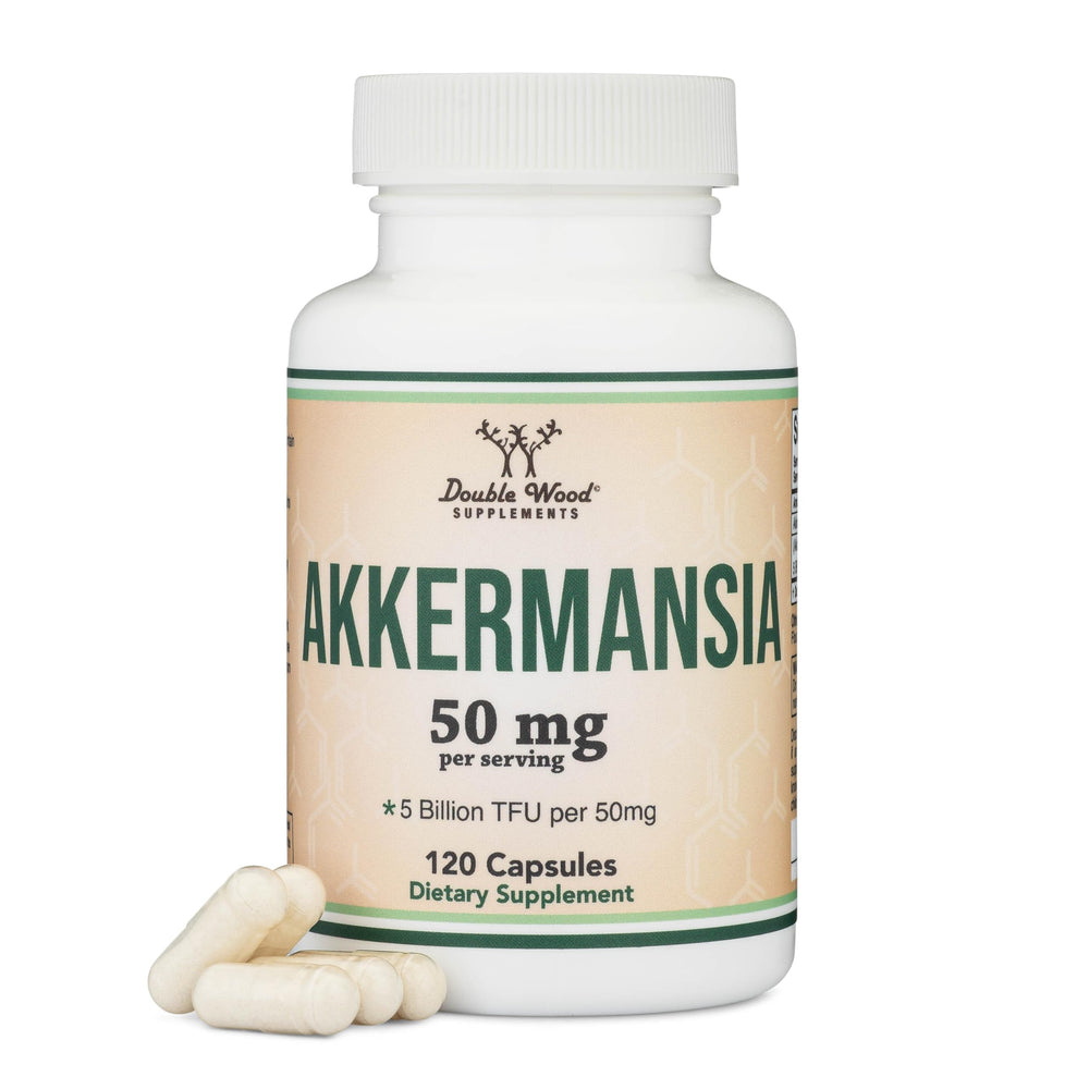 Double Wood Akkermansia bottle front shows gluten-free, US-made probiotic for daily support.