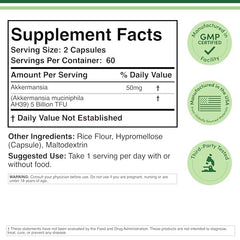 Double Wood Akkermansia capsules closeup highlights 5 Billion TFU per serving and potency.