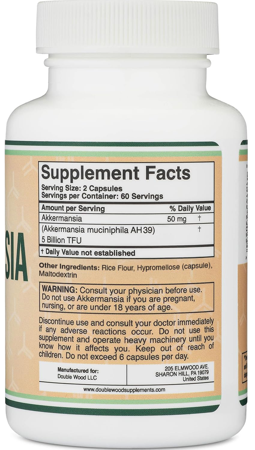 Double Wood Akkermansia label confirms gluten-free and non-GMO quality.