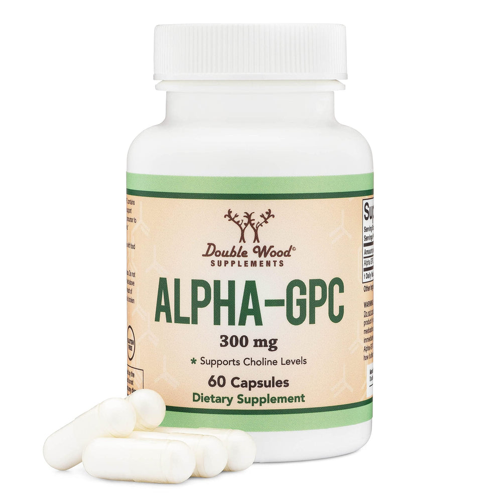 Double Wood Alpha GPC bottle front showing daily cognitive support for study.