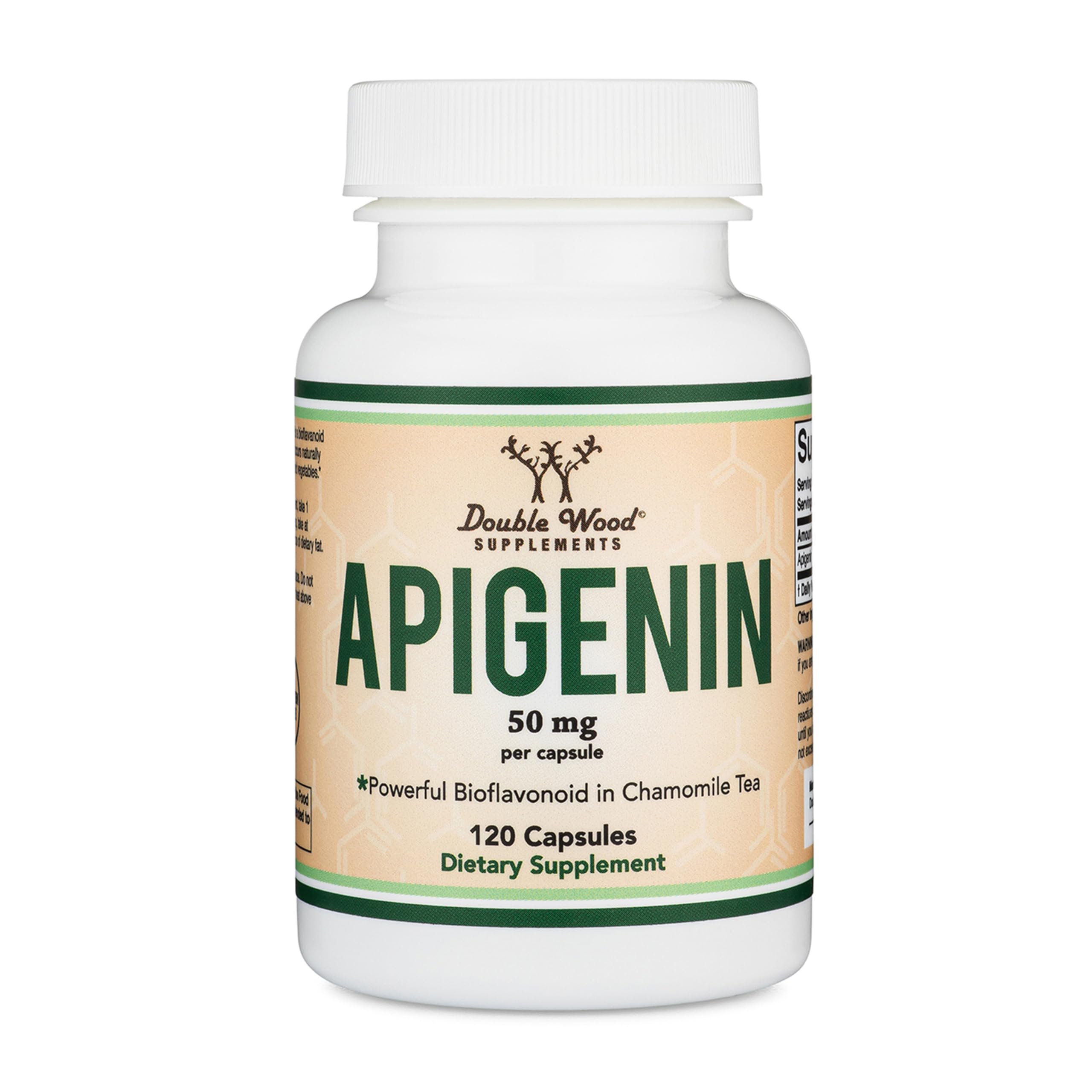 Double Wood Apigenin 50mg capsules bottle for relaxing daily use.