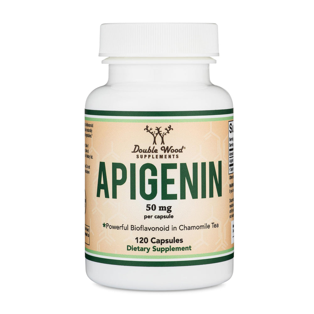 Double Wood Apigenin 50mg capsules bottle for relaxing daily use.