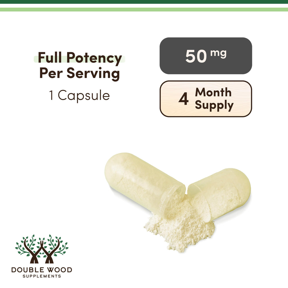 Double Wood Apigenin bottle with UV-protected glass and clear label.