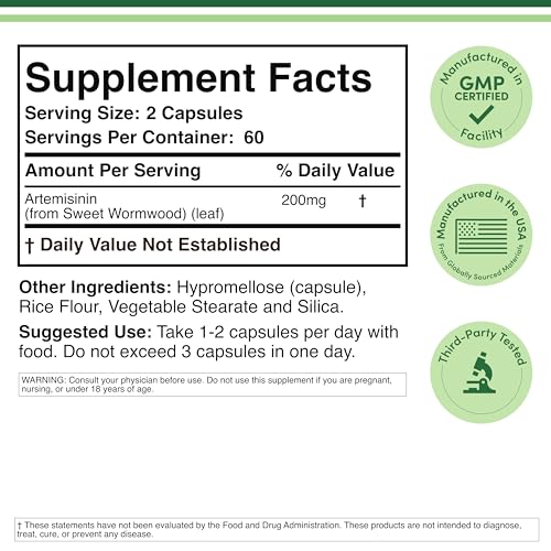 Double Wood Artemisinin bottle label close-up displaying non-GMO and gluten-free claims
