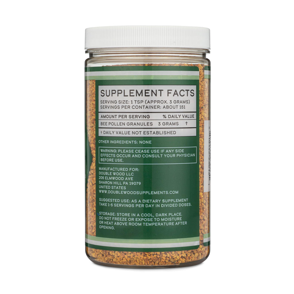 Double Wood Bee Pollen bottle label highlights gluten-free and non-GMO.