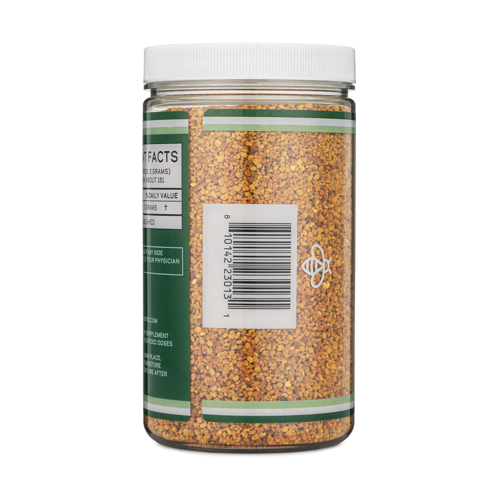 Double Wood Bee Pollen bottle close-up showing USA-made testing.