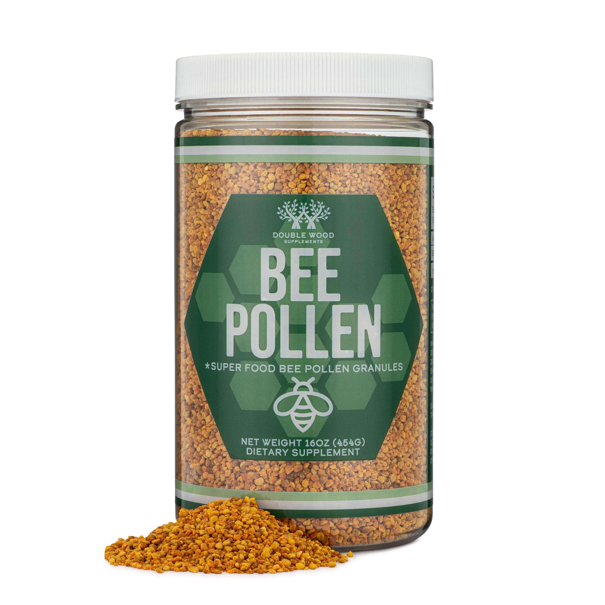 Double Wood Bee Pollen with scoop for easy daily servings.