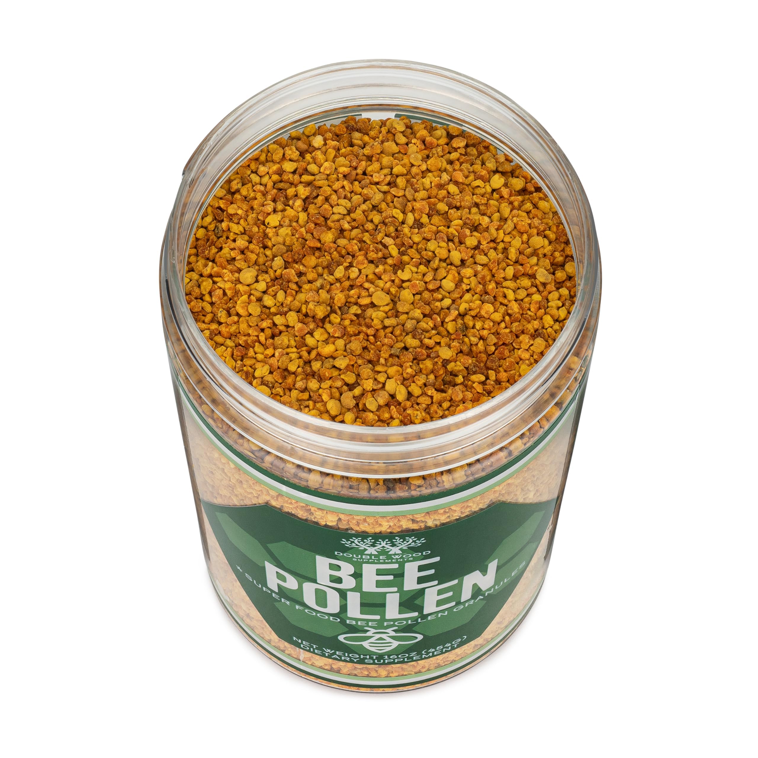 Double Wood Bee Pollen granules on a spoon for convenient dosage.