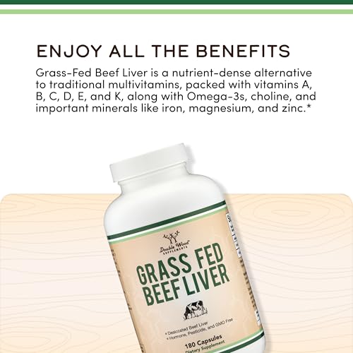 Double Wood Beef Liver Capsules dosage example shows two-capsule serving.