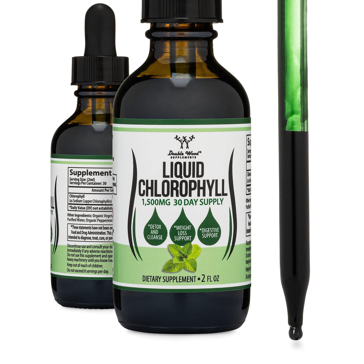Double Wood Chlorophyll Drops bottle on a clean surface, ideal for daily wellness.