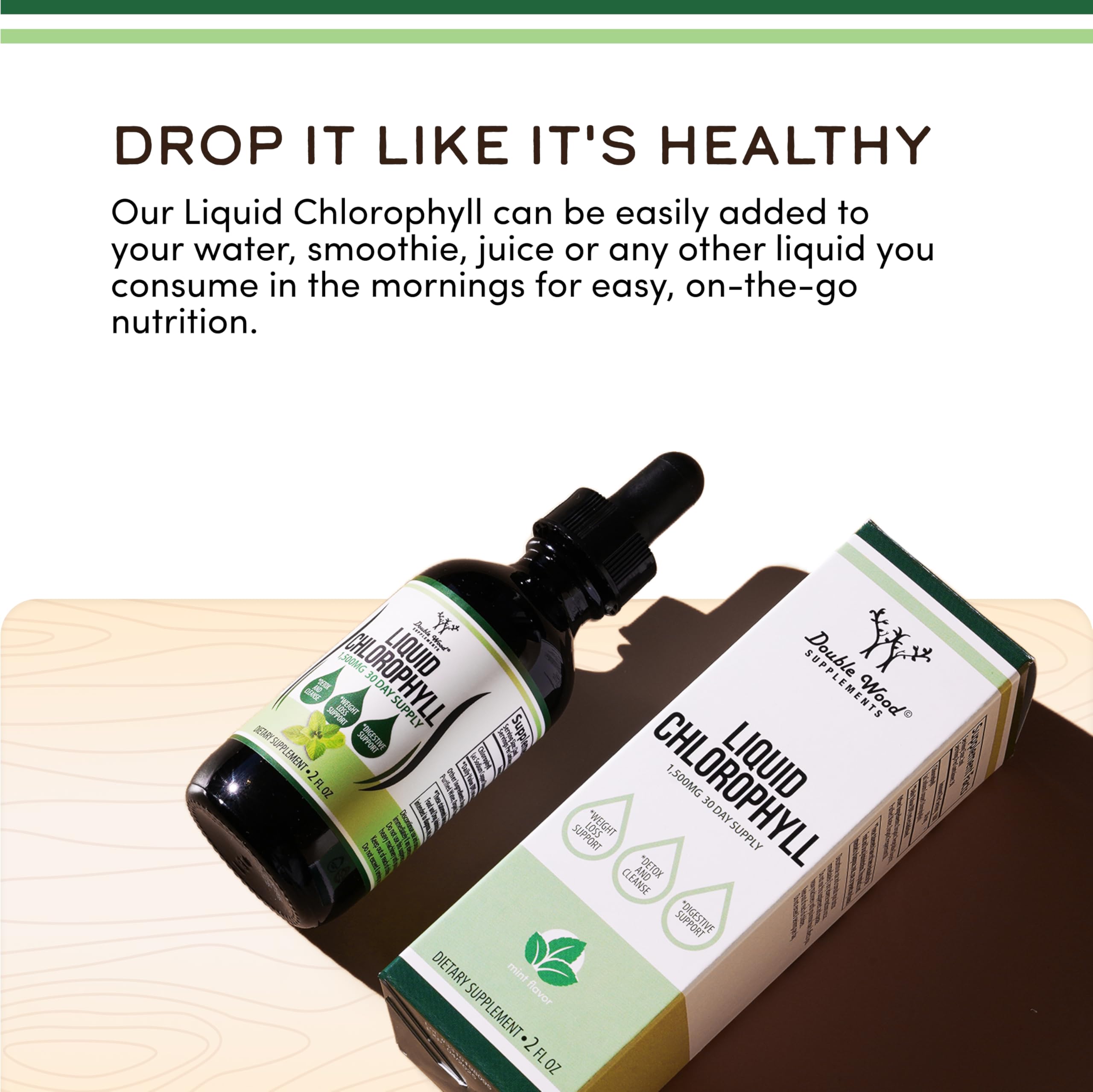 Close-up of Double Wood Chlorophyll Drops label, showcasing quality and vegan safety.