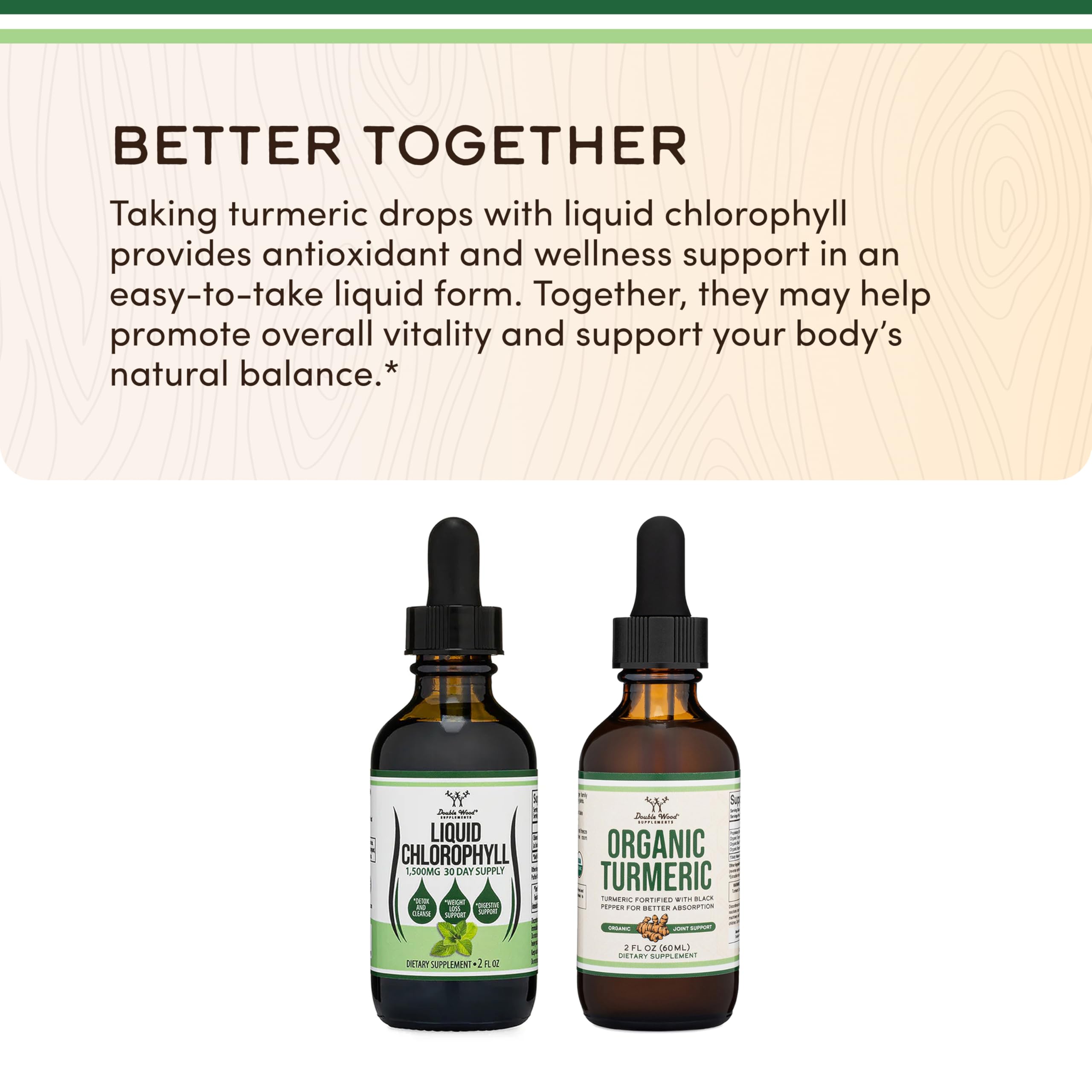 Mulberry leaves illustration with Double Wood Chlorophyll Drops, highlighting natural extraction.