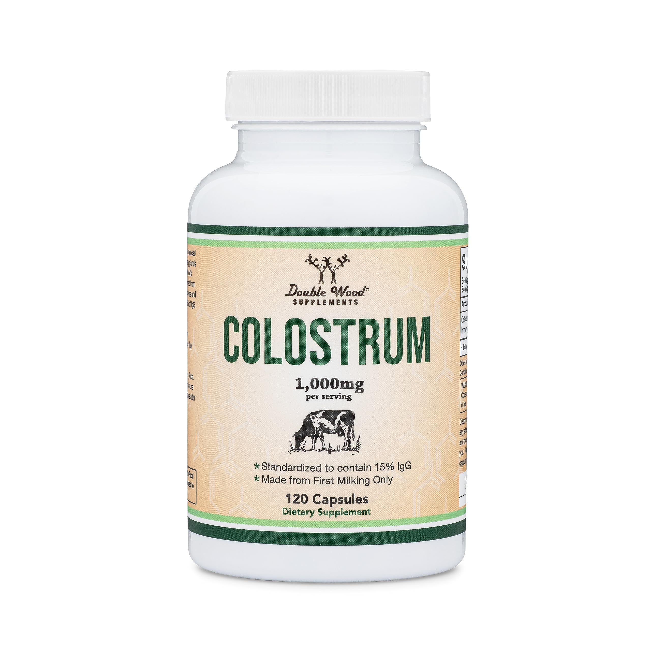 Double Wood Colostrum product image highlights gluten-free and non-GMO formulation for sensitive diets.