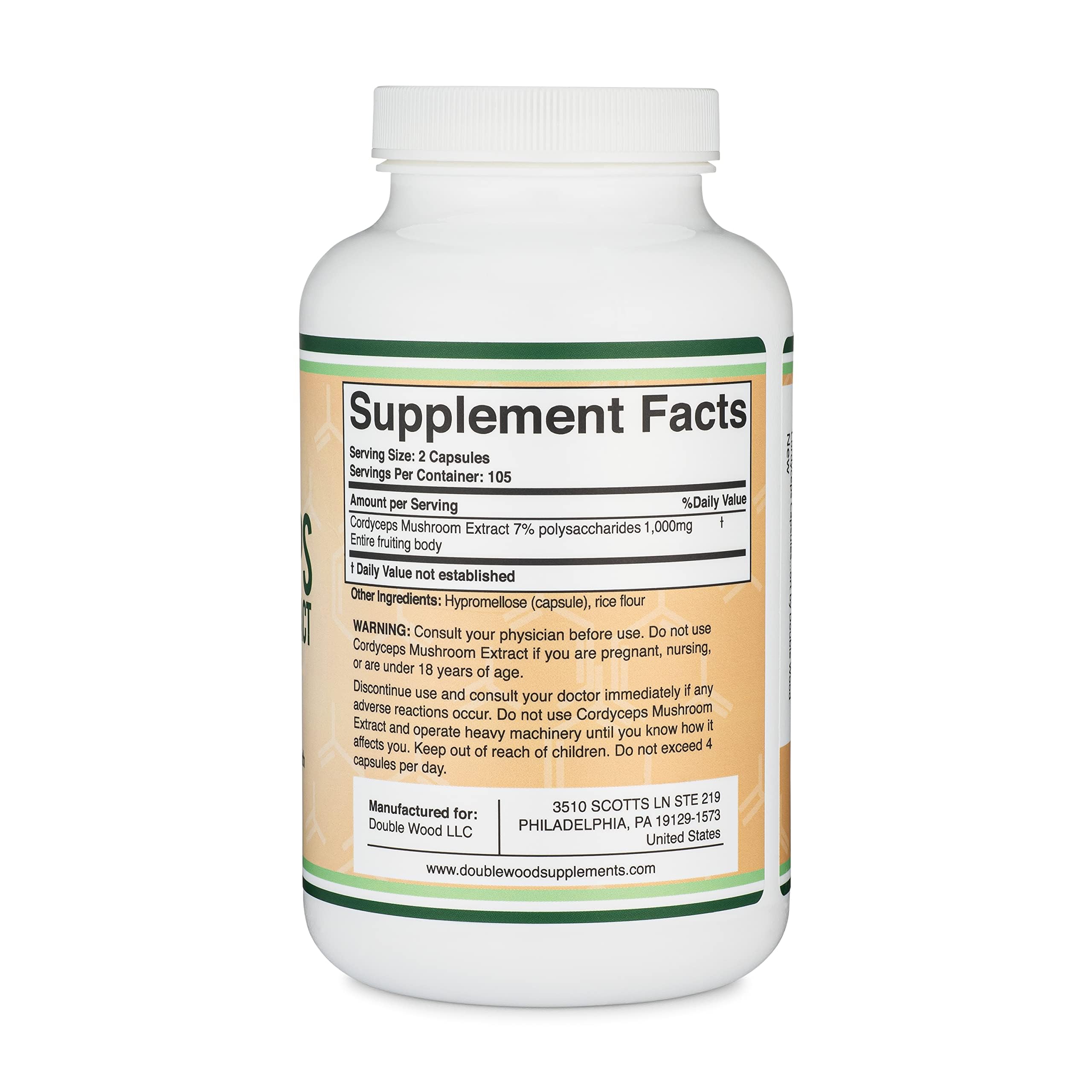 Double Wood Cordyceps label close-up shows 7% polysaccharides standard.