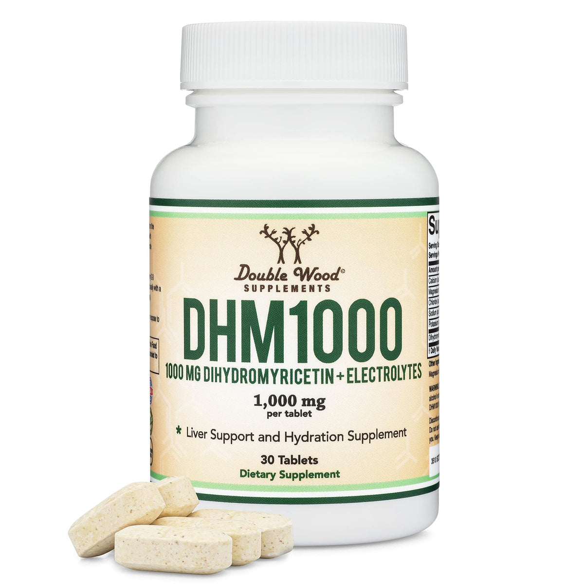 Double Wood DHM1000 tablets bottle front highlighting 1,000 mg per tablet for daily hydration support