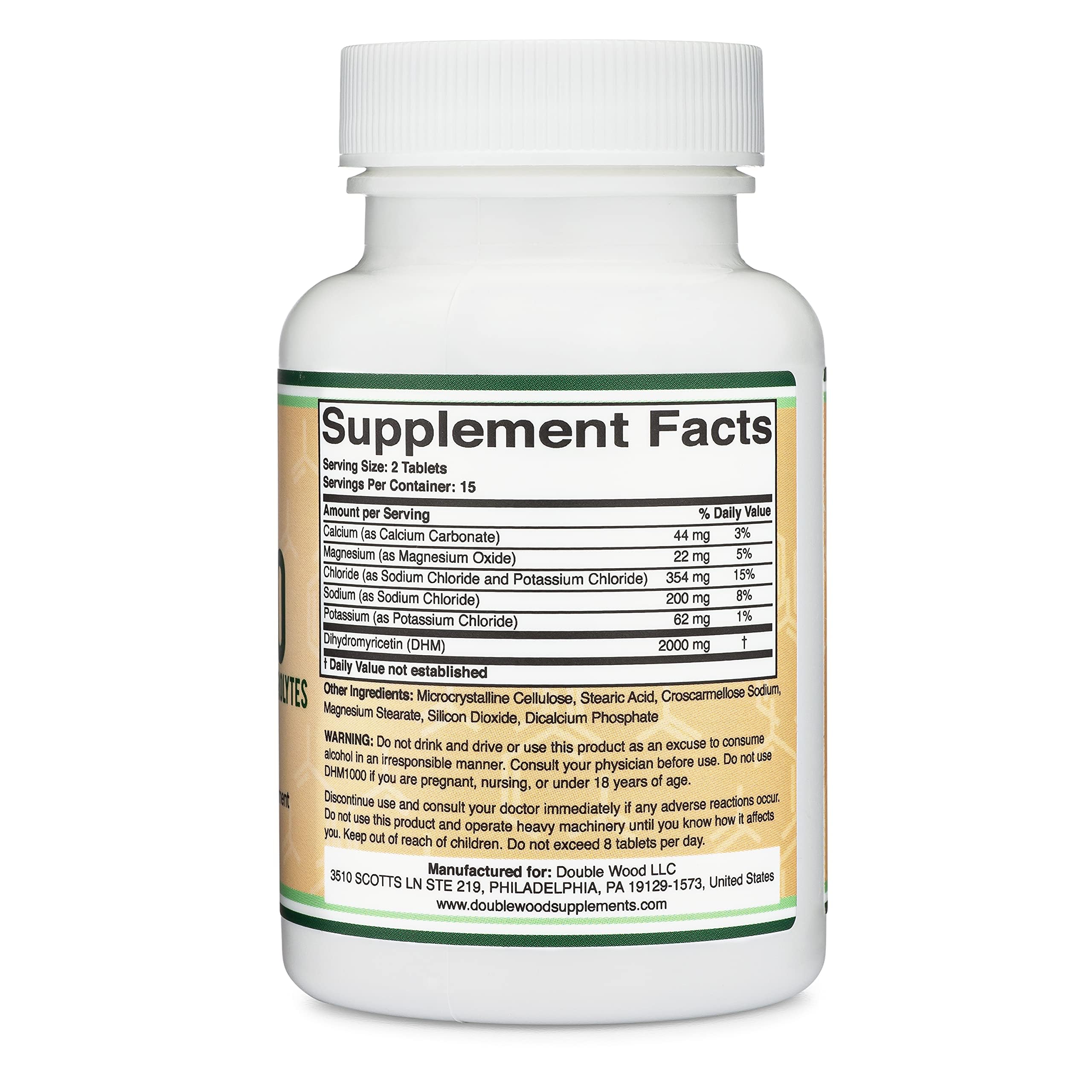Double Wood DHM1000 tablets close-up label shows 1,000 mg potency for daily use