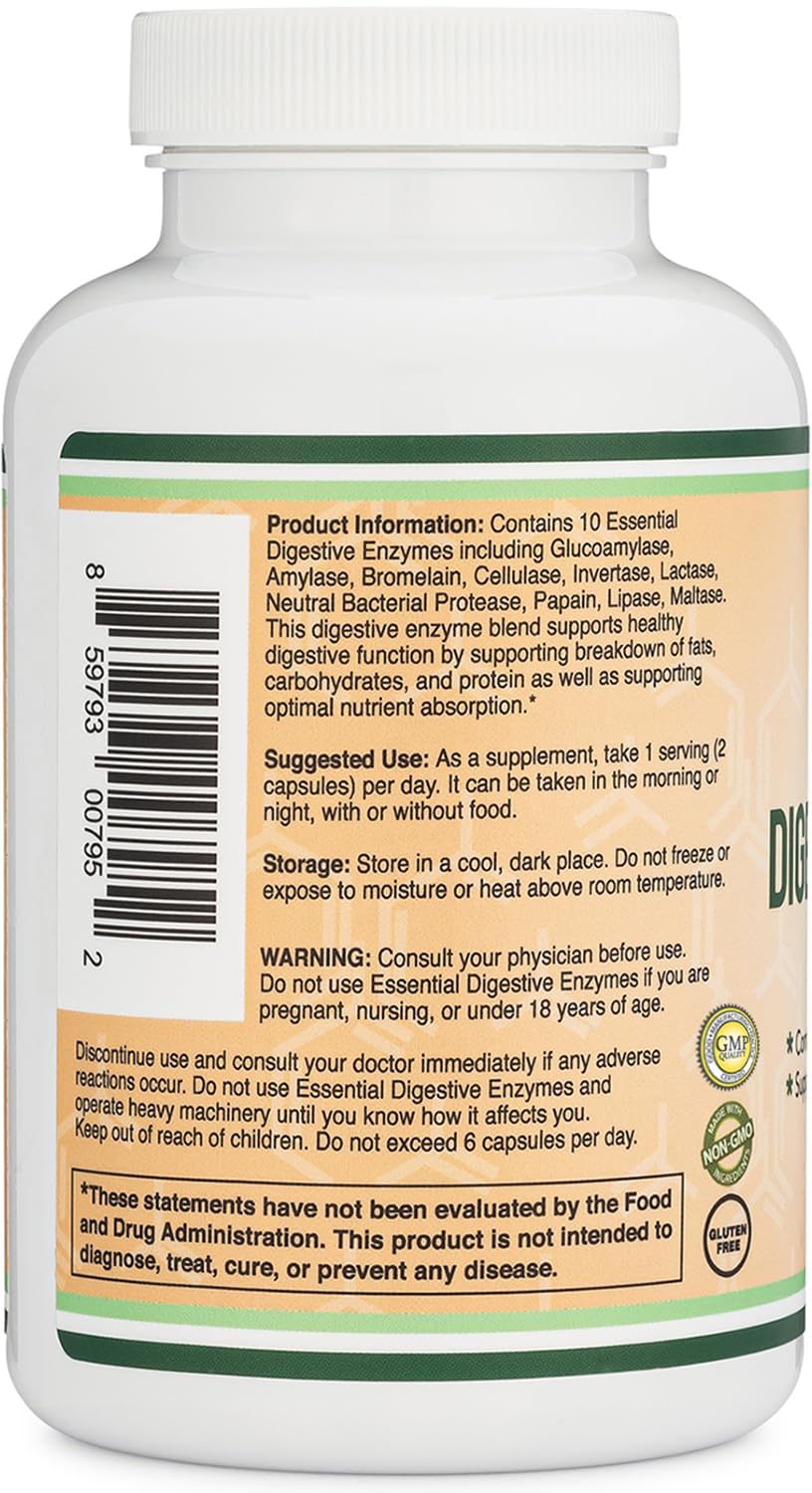 Double Wood Digestive Enzymes ingredients graphic illustrating Amylase to Glucoamylase
