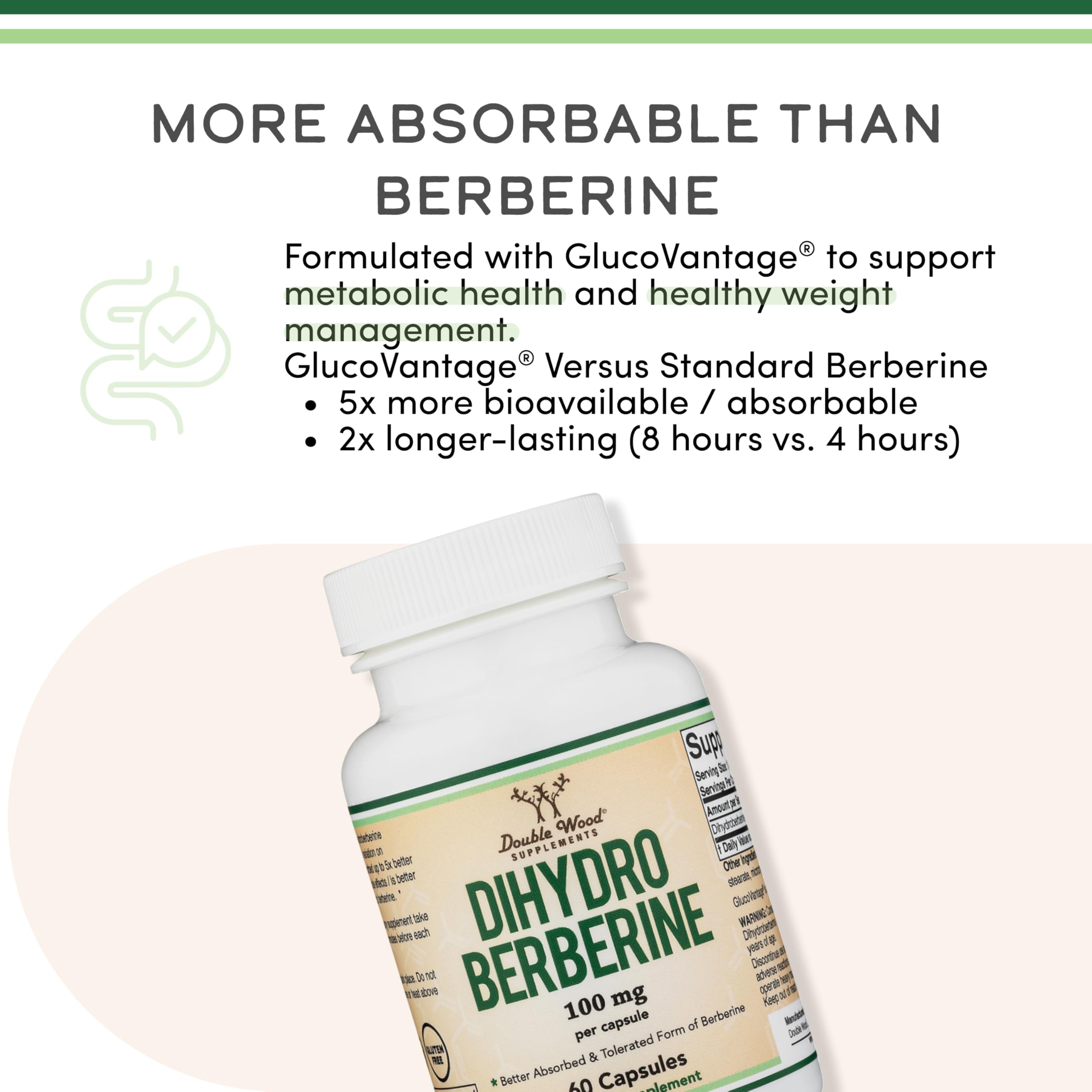 Double Wood Dihydroberberine capsules arranged for vegan-friendly formula.