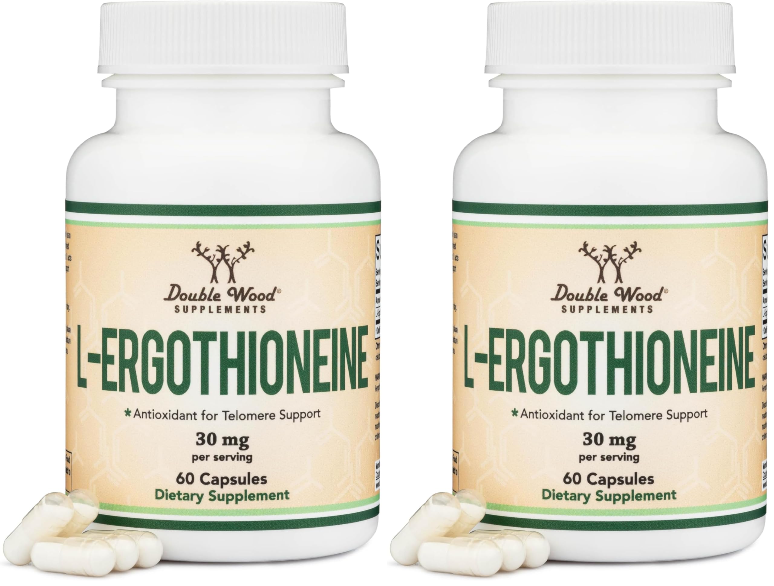 Double Wood Ergothioneine bottle close-up highlighting antioxidant capsules for aging support.