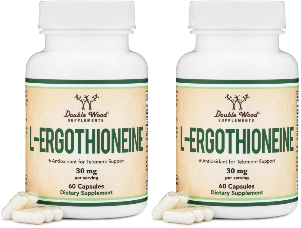 Double Wood Ergothioneine bottle close-up highlighting antioxidant capsules for aging support.