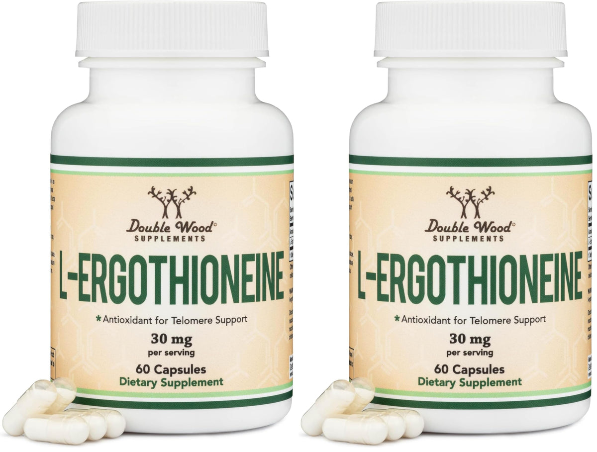 Double Wood Ergothioneine bottle close-up highlighting antioxidant capsules for aging support.
