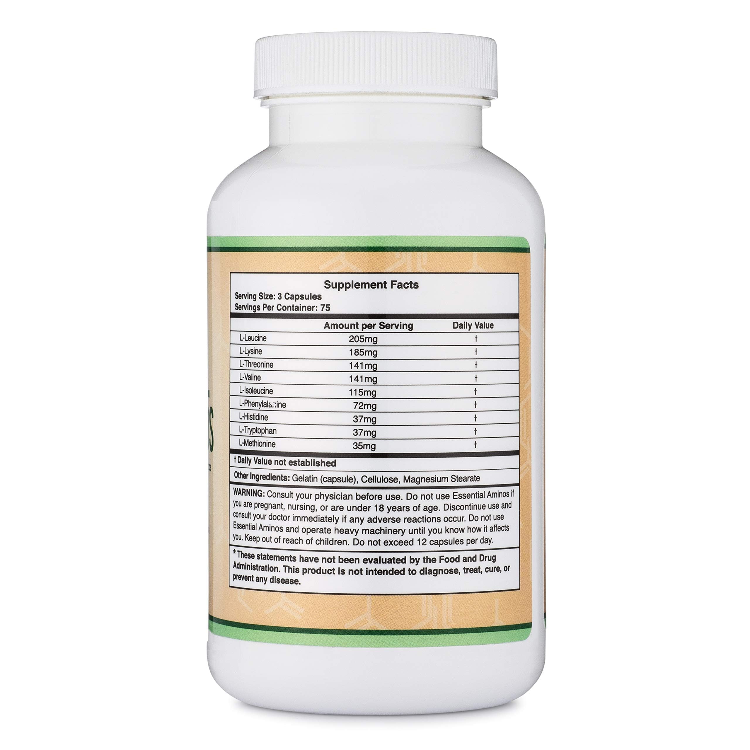 Double Wood Essential Amino Acids BCAAs visual emphasizes Leucine, Isoleucine, Valine blend