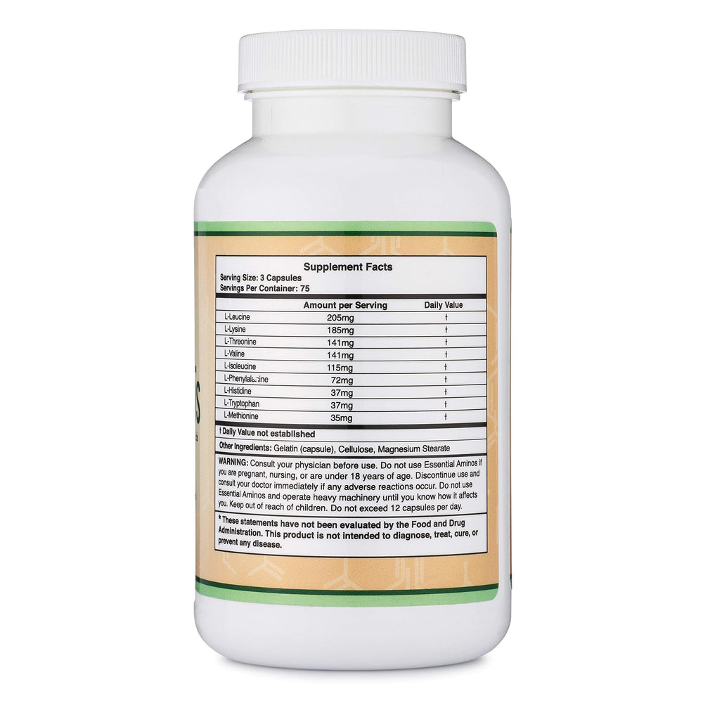 Double Wood Essential Amino Acids BCAAs visual emphasizes Leucine, Isoleucine, Valine blend