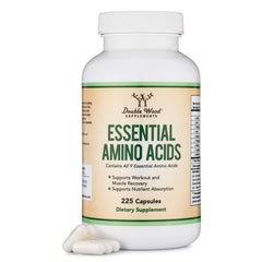 Double Wood Essential Amino Acids bottle label highlighting gluten-free formula for daily wellness