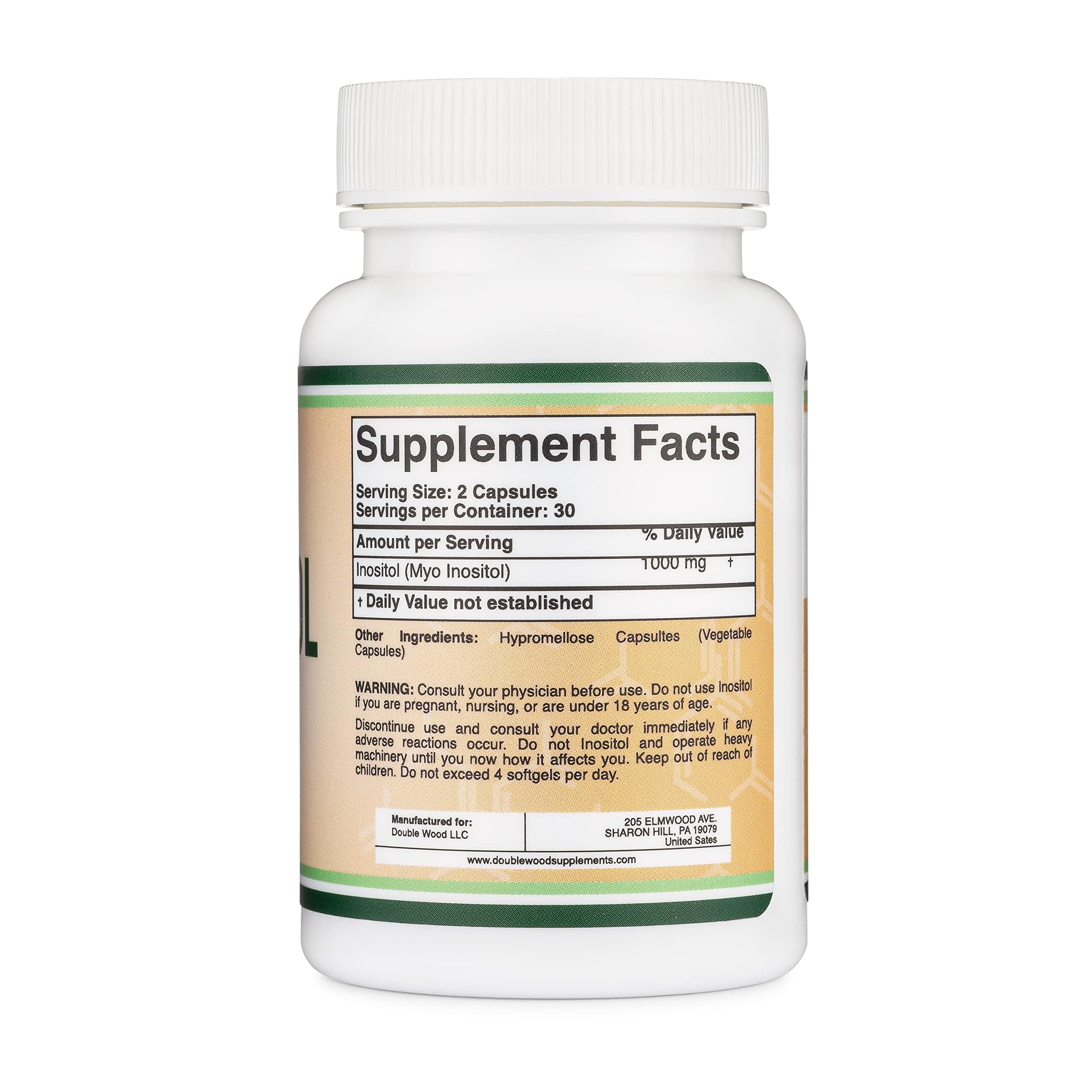 Double Wood Inositol product packaging emphasizes USA-made quality and testing