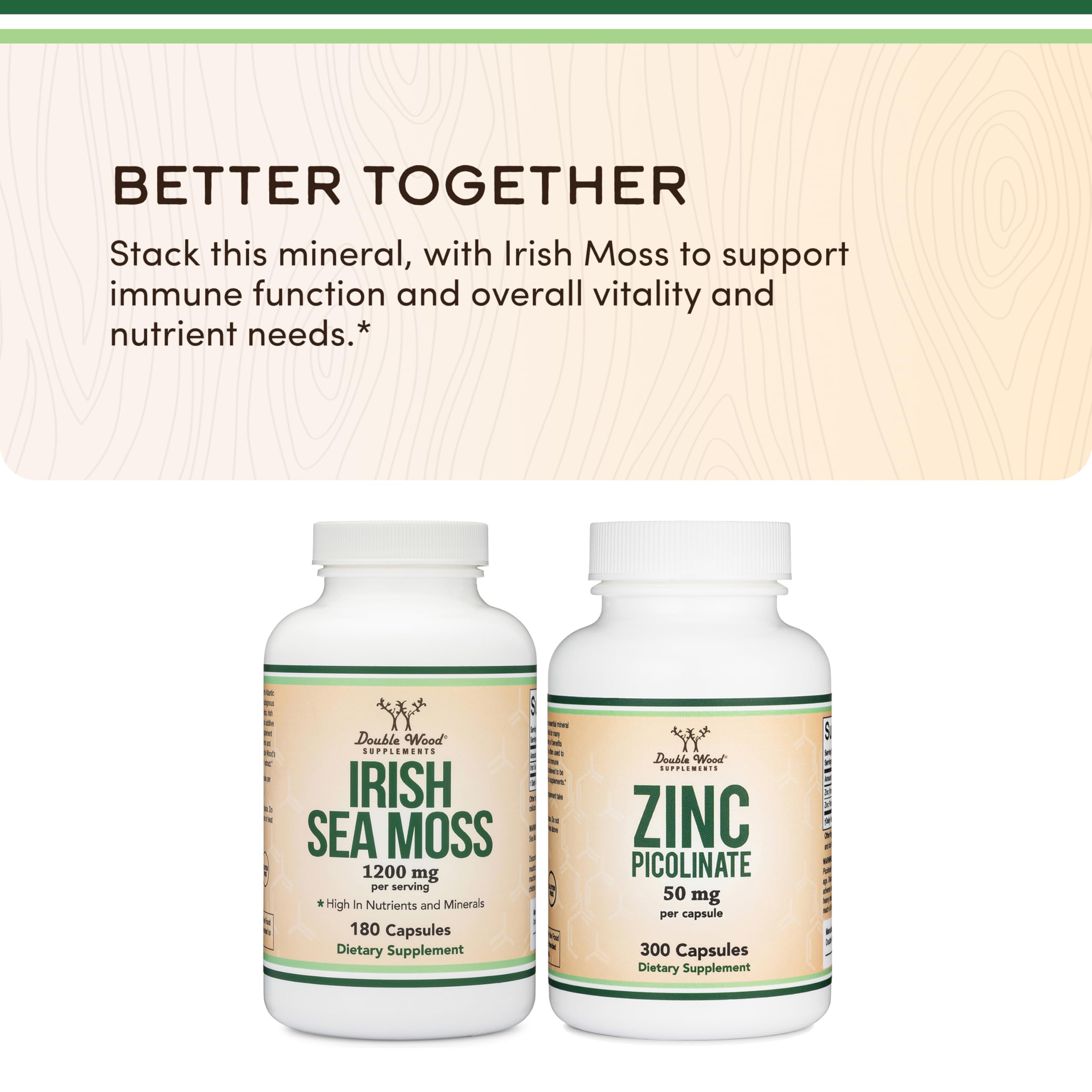 Gluten-free and non-GMO Double Wood Irish Sea Moss capsules packaging detail.