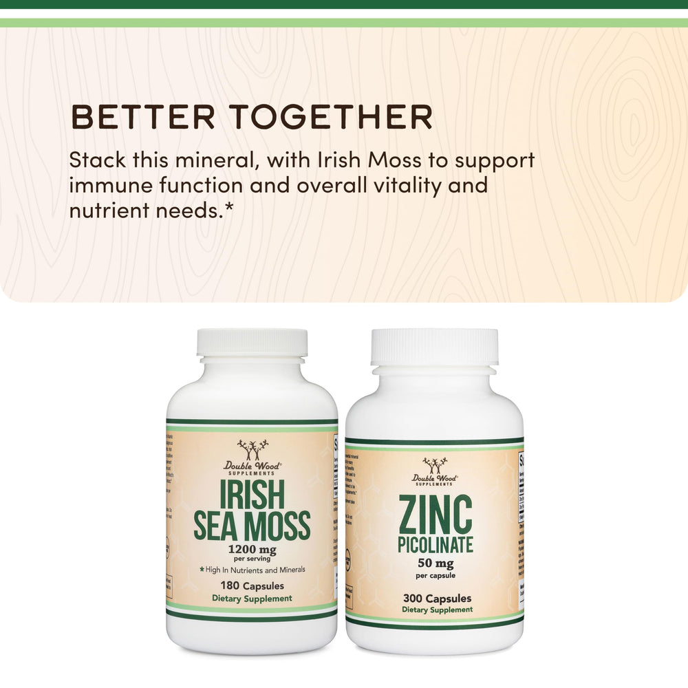 Gluten-free and non-GMO Double Wood Irish Sea Moss capsules packaging detail.